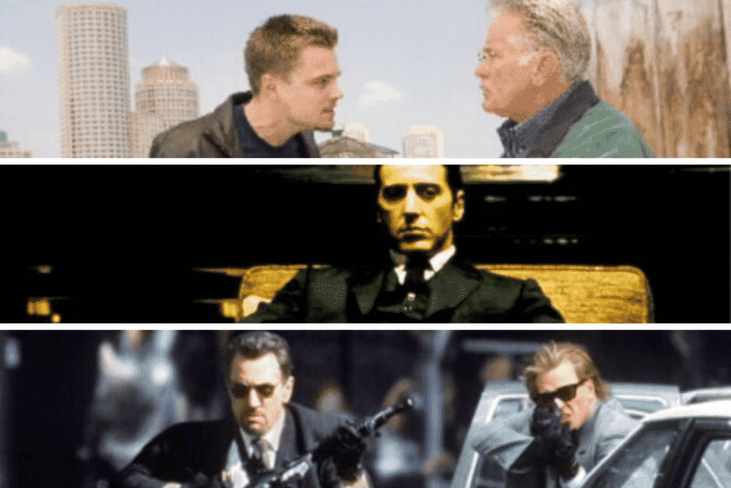 Collage of crime drama scenes featured in a guide to films like The Godfather.