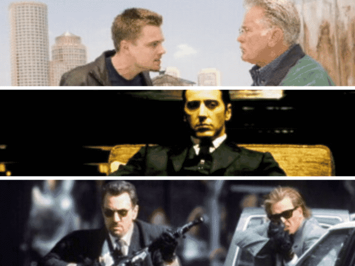 Collage of crime drama scenes featured in a guide to films like The Godfather.