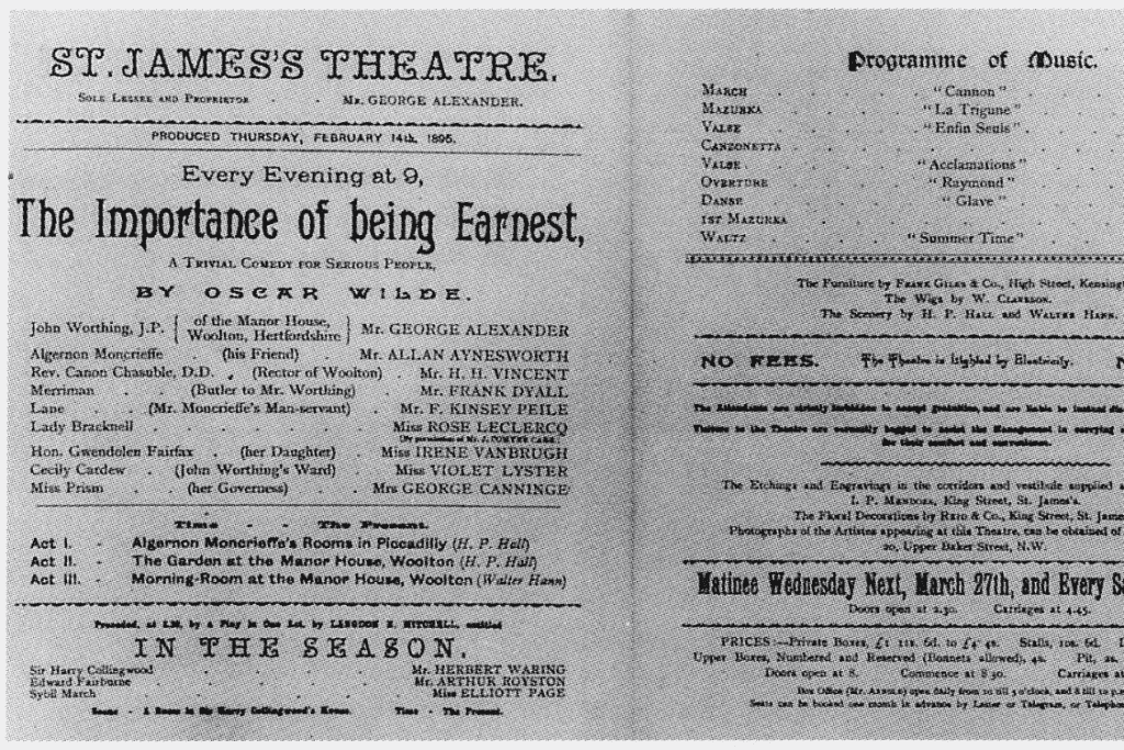 1895 playbill for Oscar Wilde’s The Importance of Being Earnest at St James’s Theatre