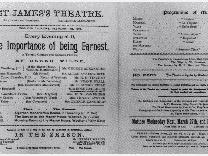 1895 playbill for Oscar Wilde’s The Importance of Being Earnest at St James’s Theatre
