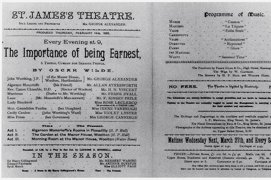 1895 playbill for Oscar Wilde’s The Importance of Being Earnest at St James’s Theatre