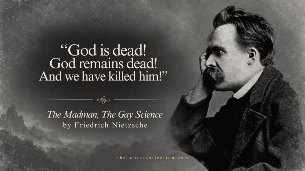 Friedrich Nietzsche โGod is deadโ quote graphic from The Gay Science with vintage portrait background