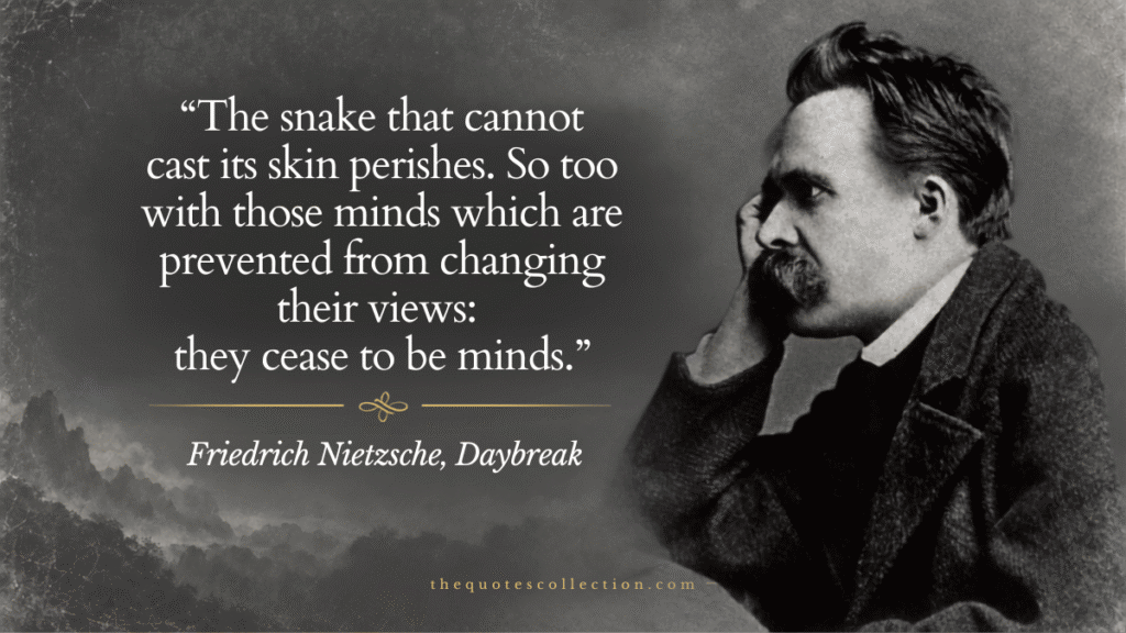 Friedrich Nietzsche quote from Daybreak about changing your views and intellectual growth with vintage portrait