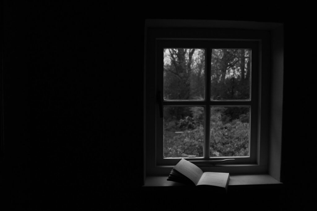 A Grief Observed quotes represented by an open book resting beneath a dark window overlooking trees.