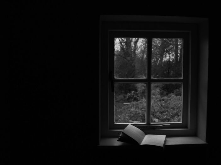 A Grief Observed quotes represented by an open book resting beneath a dark window overlooking trees.