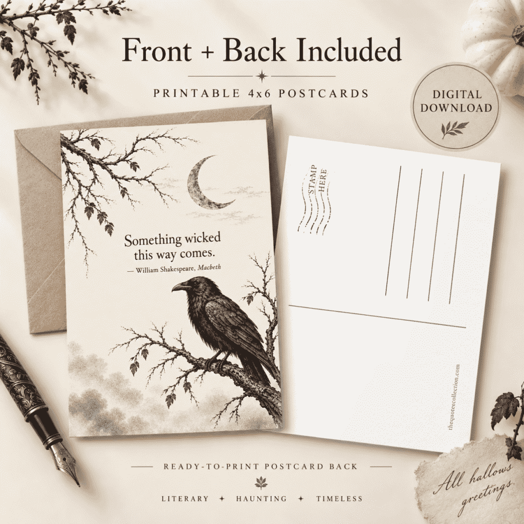 Printable Halloween postcard mockup showing front and ready-to-print back with Shakespeare’s “Something wicked this way comes” design and digital download badge.