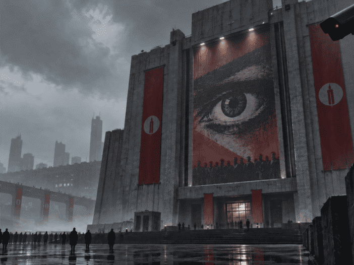 Big Brother eye overlooking Oceania in a 1984-inspired dystopian surveillance scene