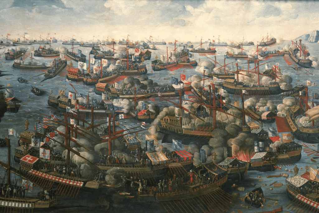 Painting of the Battle of Lepanto, with opposing galleys exchanging cannon fire across a smoke-filled sea.