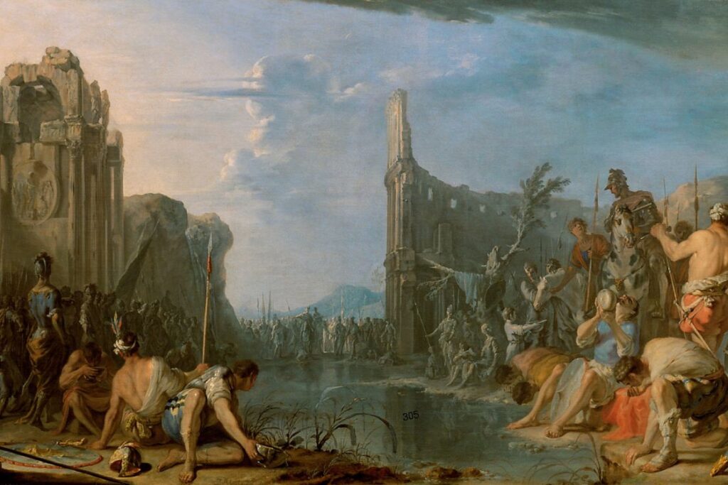 Classical painting of the story of Gideon in the Bible observing soldiers drinking beside the water before battle.