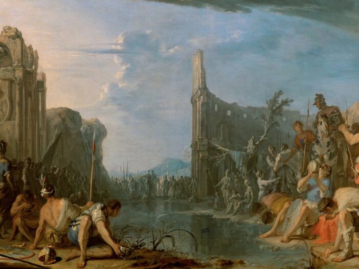 Classical painting of the story of Gideon in the Bible observing soldiers drinking beside the water before battle.