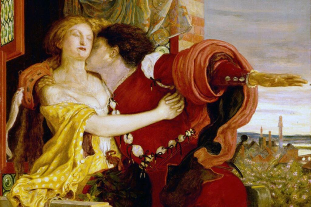 Painting of Romeo embracing Juliet on a balcony, surrounded by flowers and warm colors.