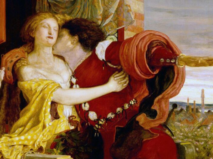 Painting of Romeo embracing Juliet on a balcony, surrounded by flowers and warm colors.