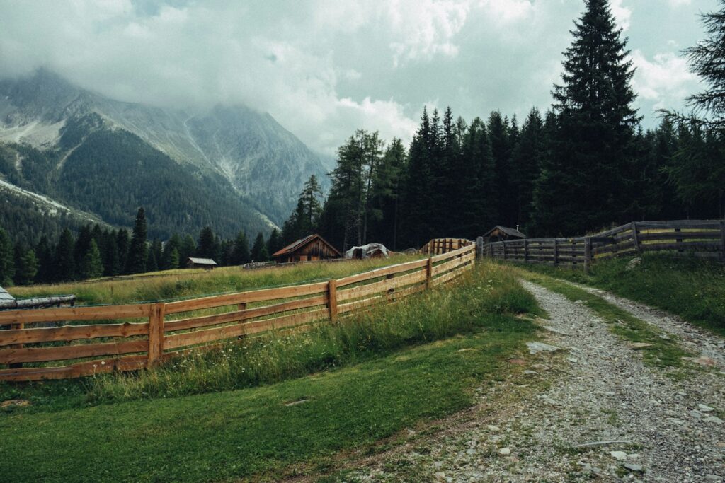 Wooden fence along a gravel path in a mountain meadow